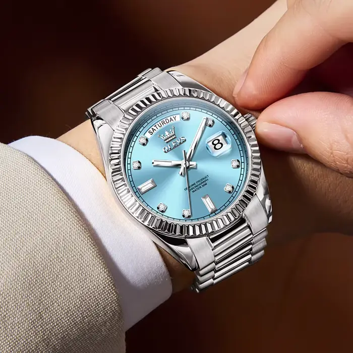 OLEVS bleu ciel hommes horloge automatique mécanique Date semaine luxe homme montre-bracelet étanche lumineux en acier