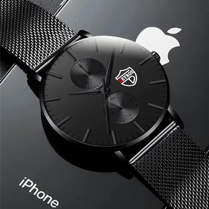 Montre-bracelet à quartz ultra fine en acier inoxydable noir pour hommes