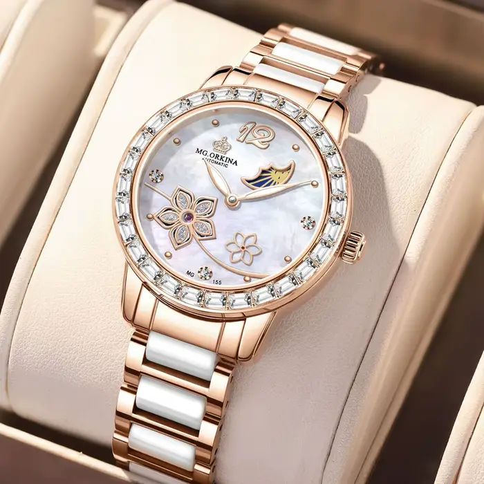 ORKHR-Montre-bracelet mécanique en diamant pour femme, montres vertes élégantes pour femme, modules