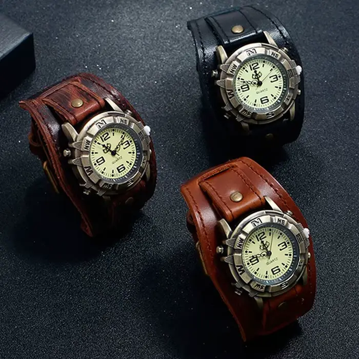 2025 Relogio rétro grand large Bracelet en cuir véritable montre hommes Punk Quartz manchette