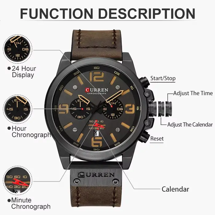 CURREN hommes montres haut de gamme marque étanche Sport montre-bracelet chronographe Quartz militaire en cuir véritable Relogio Masculino