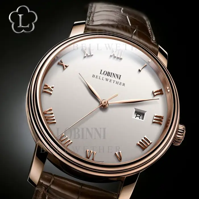 Montre-bracelet LOBINNI12033 automatique en acier inoxydable avec bracelet en cuir pour homme résistante à l'eau et avec calendrier complet pour différentes occasions