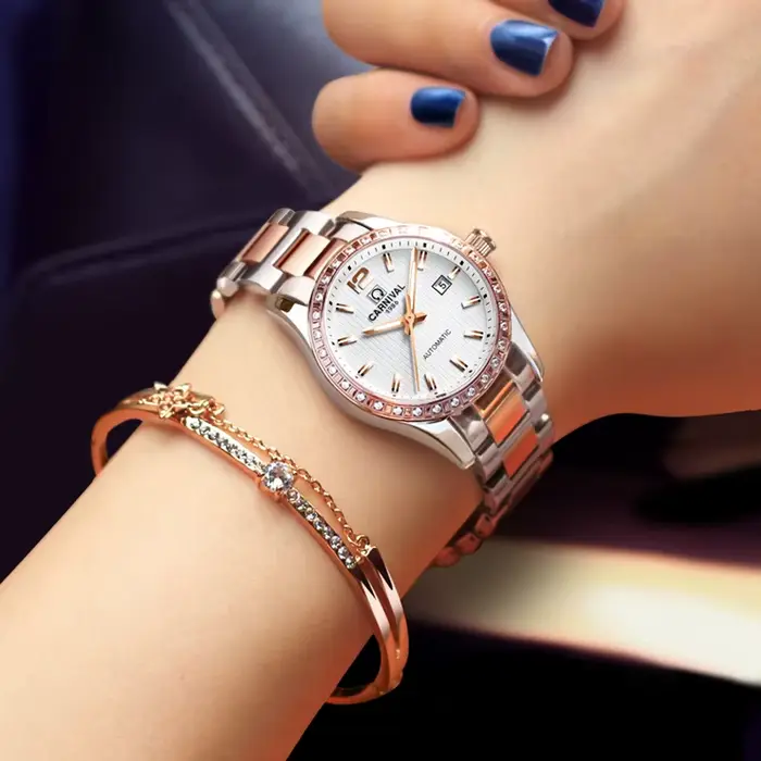 Montre Carnaval Luxe Or Rose Argent Calendrier Automatique Pour Femmes Occasions Spéciales