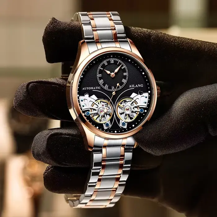 Nouvelle montre mécanique squelette automatique haut de gamme à double tourbillon en acier inoxydable résistante à l'eau pour homme, occassions spéciales et tous les jours