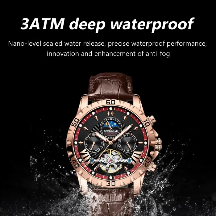 Montre automatique POEDAGAR avec tourbillon et calendrier complet pour homme, résistance à l'eau, bracelet en cuir, pour soirées et activités quotidiennes
