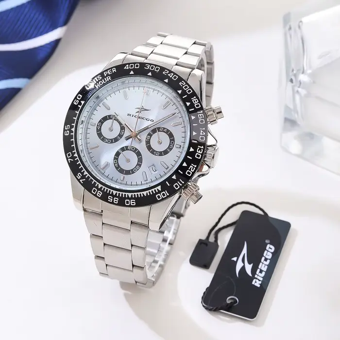 Montre à quartz pour hommes, bracelet en acier inoxydable, cadran multifonctionnel, anneau de mesure