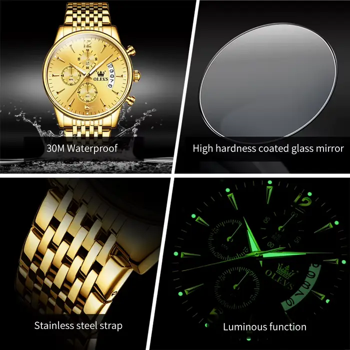 Montre de sport OLEVS en acier inoxydable avec mouvement Quartz, fonctionnalités chronographe et calendrier complet, résistante à l'eau, pour homme occassions sportives et mode