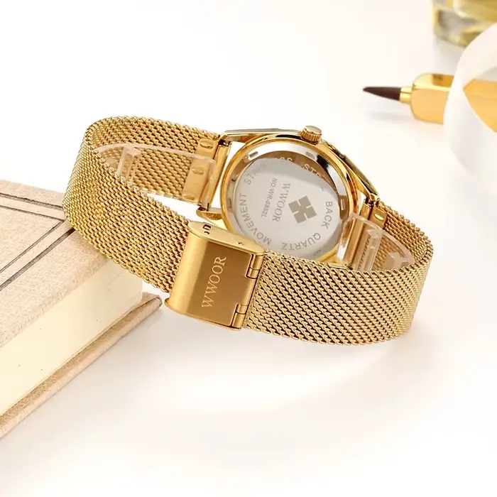WWOOR marque de luxe robe montre en or dames élégant diamant petites montres à Quartz pour femmes en acier maille horloge zegarek damski