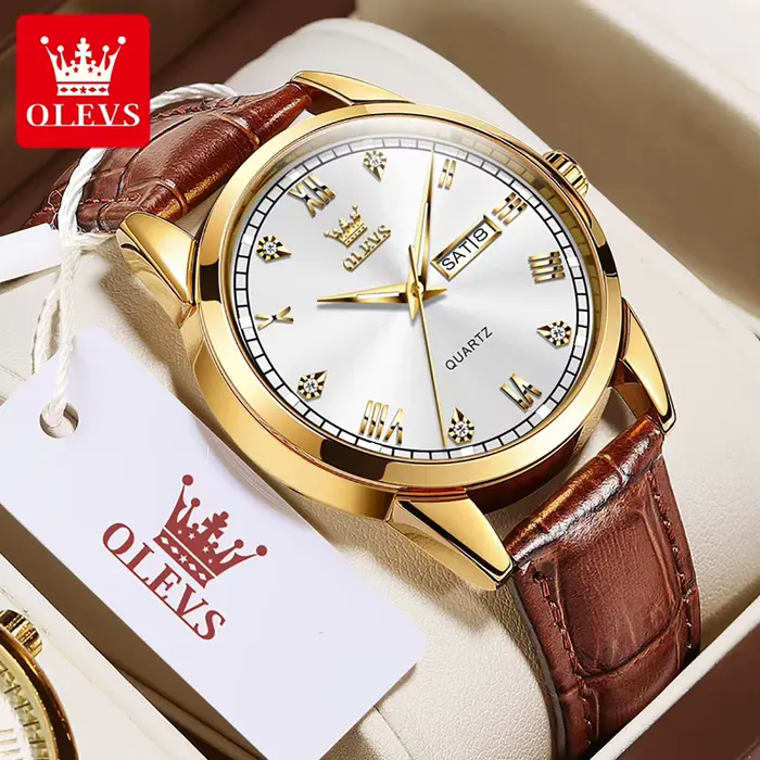 OLEVS 6896 Montre-bracelet pour homme, vente chaude, bracelet en cuir, étanche, double calendrier, m