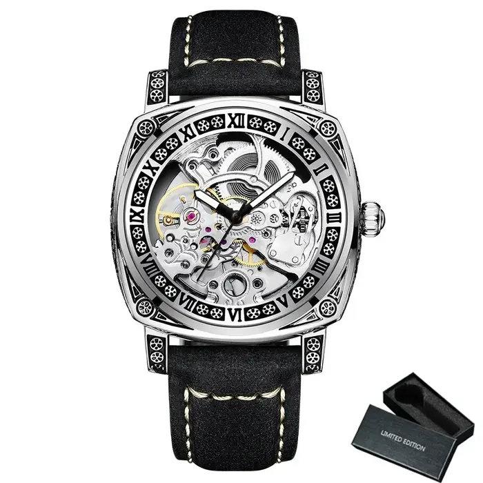 Montre Squelette Luxe Homme Automatique Carré Gravé Bracelet Acier Cuir Aiguilles Lumineuses Occasions Spéciales