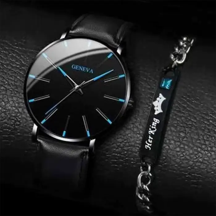 Montre Chronographe Homme GENEVA à Trois Aiguilles, Montre à Quartz en Cuir Noir pour Affaires + Bra