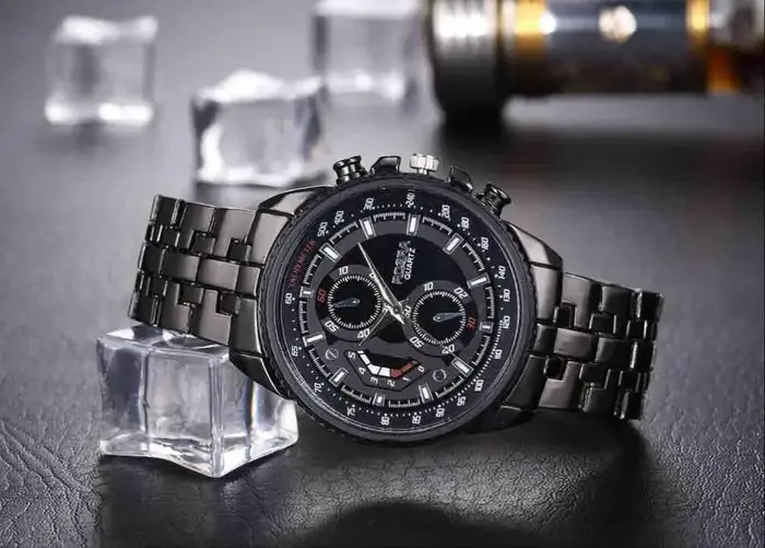 Montre de sport à quartz en acier inoxydable pour homme, montre-bracelet noire