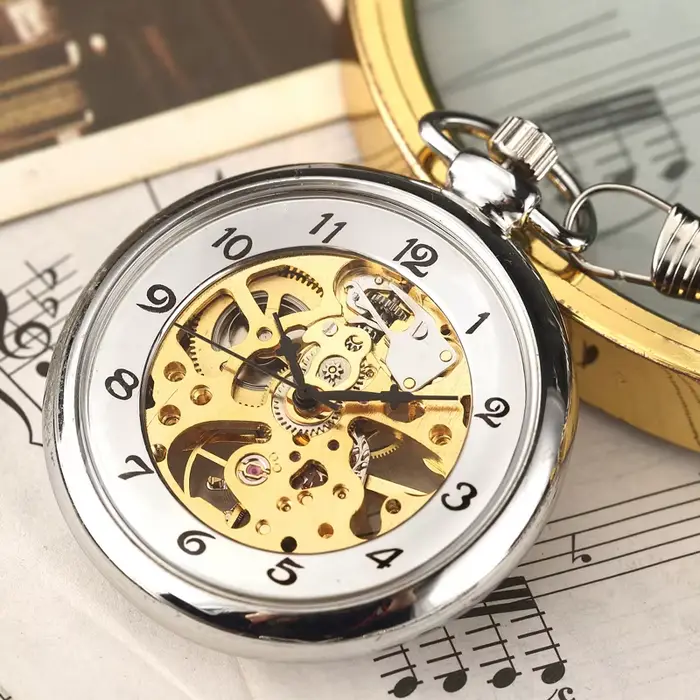 Montres de poche en acier à remontage manuel en argent, squelette Unique, montre de poche mécanique 