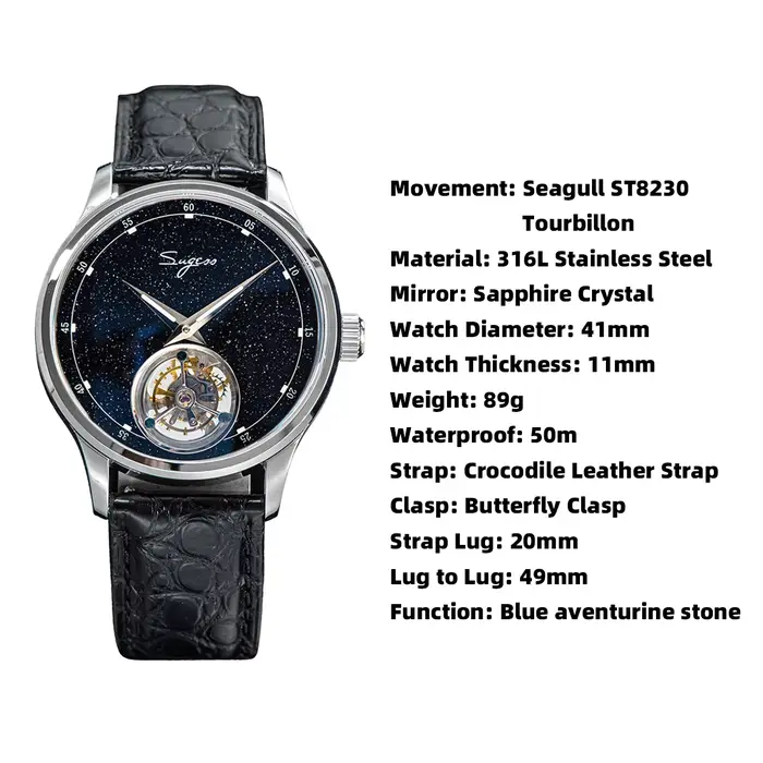Sugess Tourbillon mouvement montre hommes de luxe mécanique montre-bracelet véritable pierre bleue Glamour maître