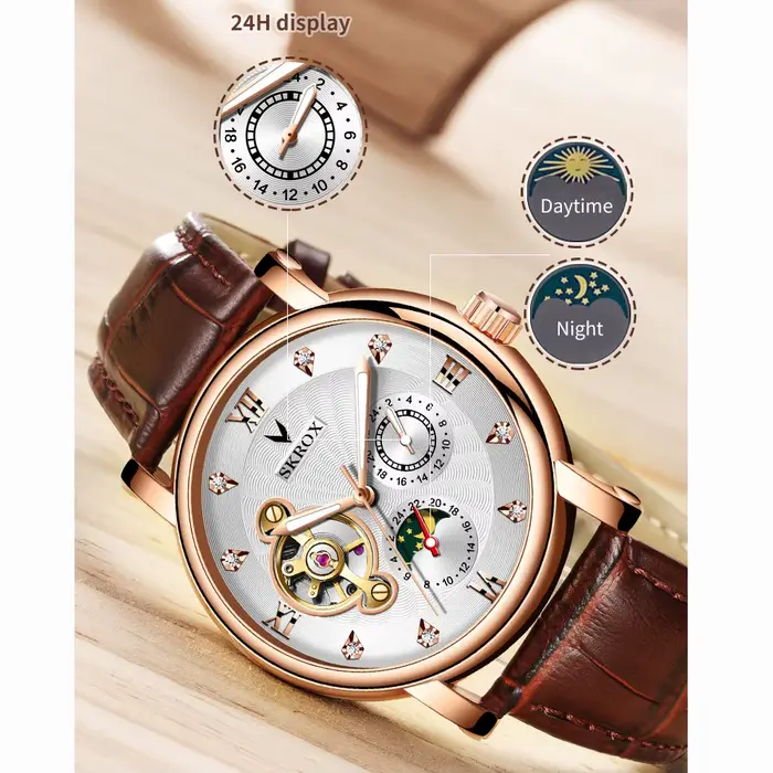Montre SKROX Phase de lune Tourbillon Automatique à Remontage Automatique en Acier Inoxydable Cuir Pour Homme Occasions Spéciales