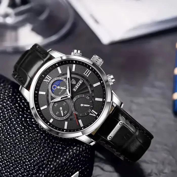 Montre homme LIGE 2026 en acier inoxydable avec bracelet en cuir pour activités sportives et occasions spéciales