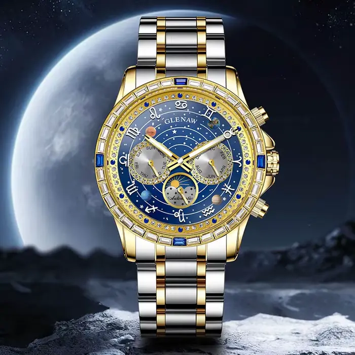 Montre Glenaw automatique homme acier inoxydable multifonctionnelle résistante à l'eau pour occasions spéciales élégantes