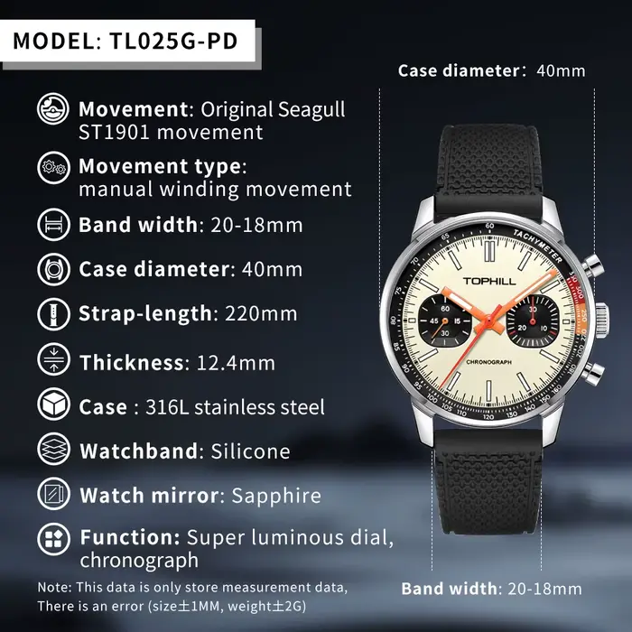 Montre mécanique TOPHILL Krasnochronographe édition limitée 1963 pour hommes, résistante à l'eau, avec mouvement SeaghydrST1901, bracelet en caoutchouc, pour occasions sportives et décontractées
