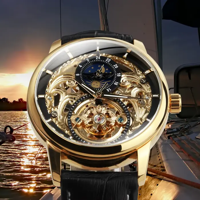 Montre de luxe T-WINNER avec tourbillon doré et bracelet en cuir pour hommes occassions formelles et informelles