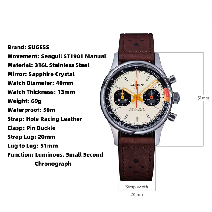 Sugess montre pour hommes chronographe montres mécaniques Tianjin ST19 mouvement à col de cygne pilote