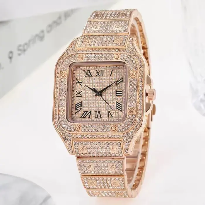 Montre carrée à ciel étoilé en acier avec diamants, mouvement quartz, affichage chiffre romain pour hommes occasions spéciales