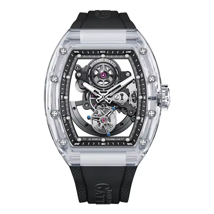 BONEST GATTI – montre Tourbillon pour hommes, 45mm, Tonneau, automatique, mécanique, boîtier en acry