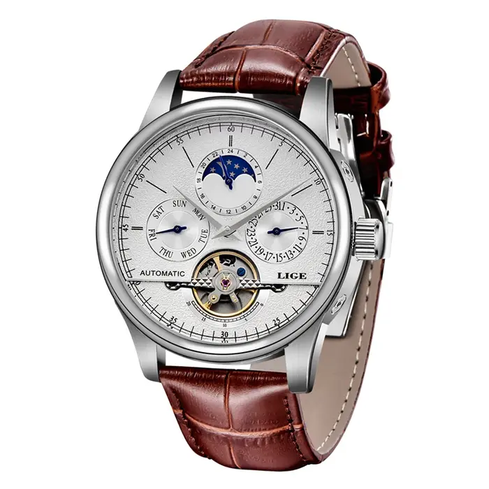 Montre automatique homme LIGE avec tourbillon et caractéristiques complètes pour homme, cuir véritable, résistante à l'eau et robuste pour tous les jours