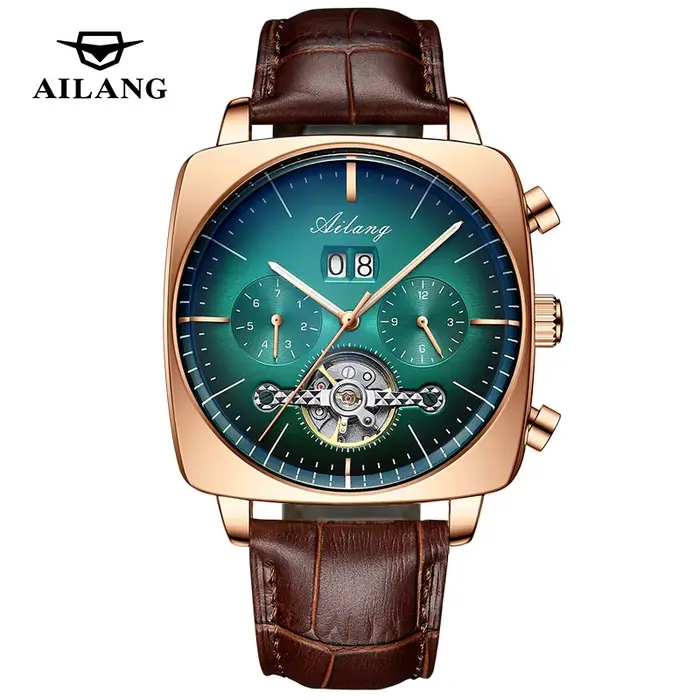 AILANG mode vert grand cadran carré montre mécanique pour hommes bracelet en cuir étanche Tourbillon montres