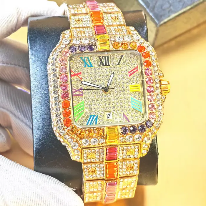 Montre Homme Quartz Diamant Arc-en-ciel Entièrement Sertie Or Gypsophile Vintage Forme Carrée Hip Hop Reloj