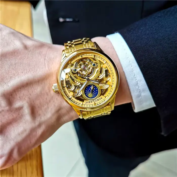 Montre automatique vintage en or homme phase de lune tourbillon squelette aiguilles lumineuses bracelet acier occassionnels spéciaux