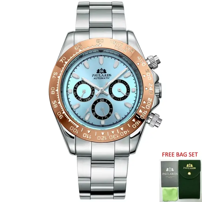 Montres automatiques pour hommes mécanique auto-brûlure or acier inoxydable Glacier glace bleu châtain marron lunette Reloj Hombre Baratos