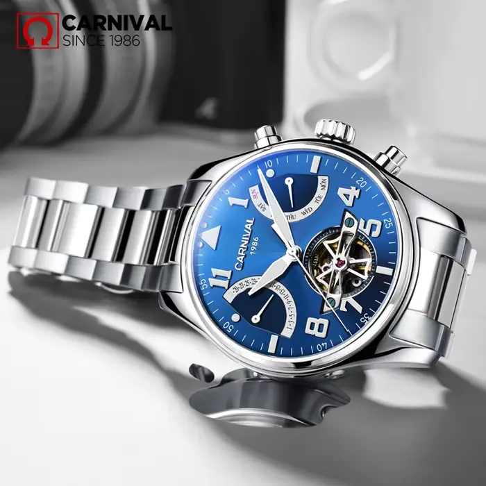 Montre mécanique Carnaval Tourbillon automatique saphir lumineuse avec calendrier complet et affichage de la semaine pour hommes occassions spéciales