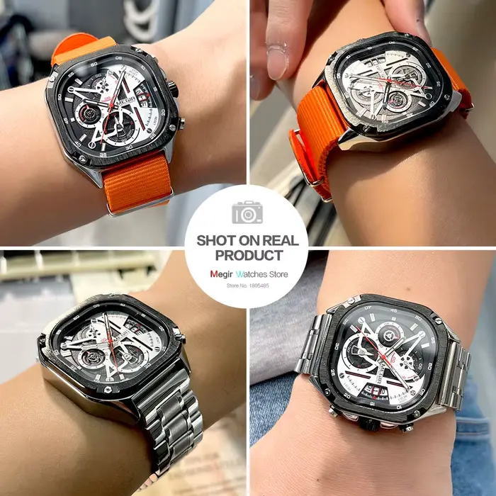 MEGIR – montre à Quartz chronographe Orange pour hommes