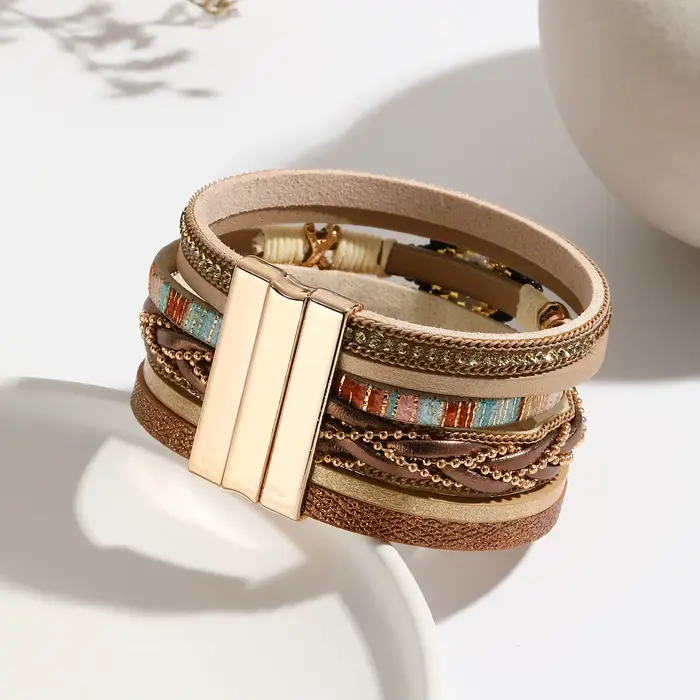 Bracelet en cuir multicouche tissé à la main pour femmes