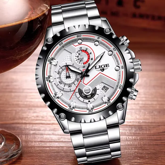 Montre LIGE en acier inoxydable avec fonction de chronomètre et résistance à l'eau pour homme, affaires, sport et occasions spéciales