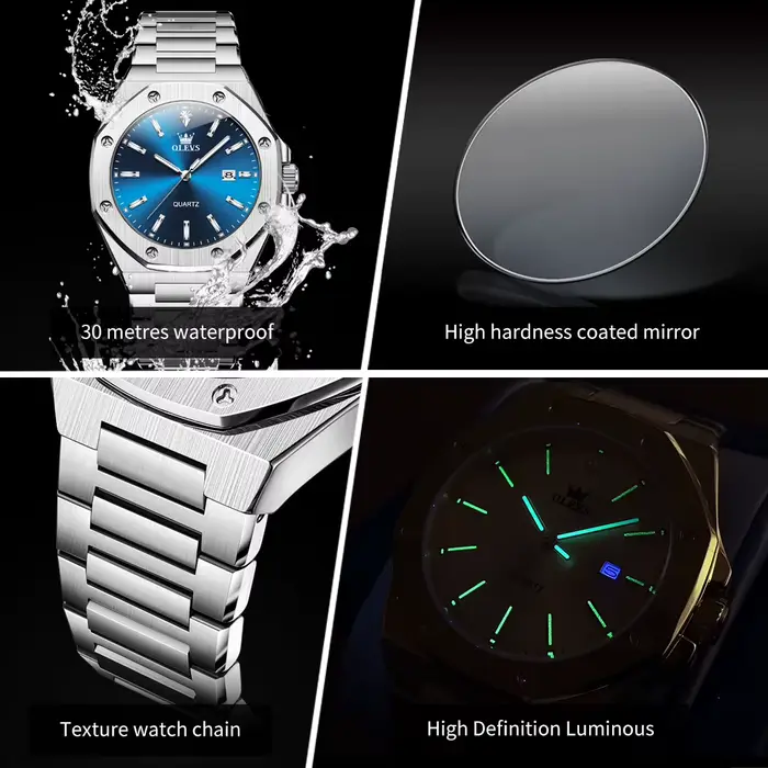 OLEVS montres pour hommes de luxe argent bleu classique montre à Quartz pour homme étanche en acier inoxydable lumineux Reloj Hombre 2025