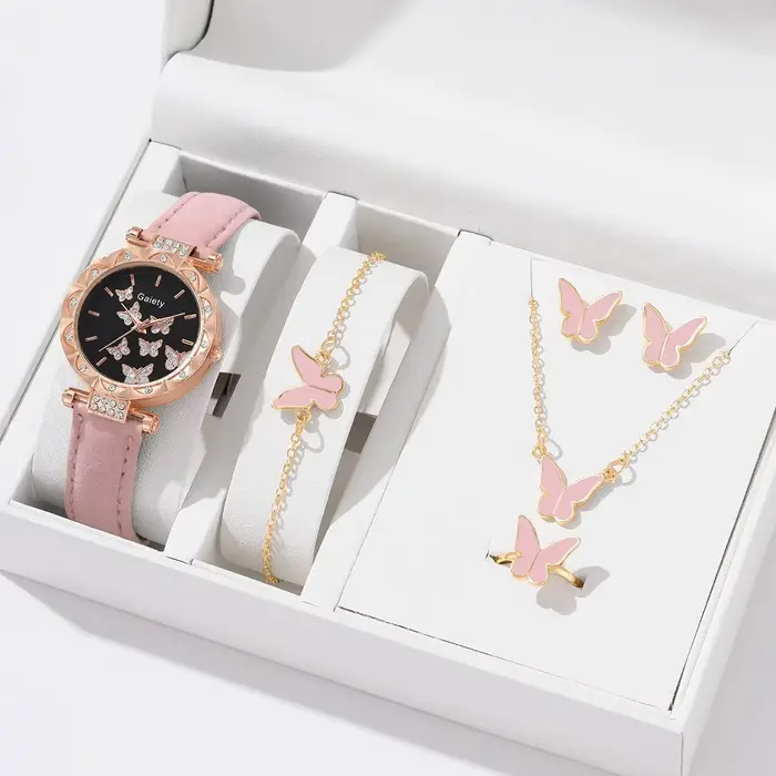 Ensemble de montre-bracelet à quartz pour femme avec bague, collier, boucles d'oreilles et bracelet en cuir, papillon, variété de couleurs pour tous les styles et occasions