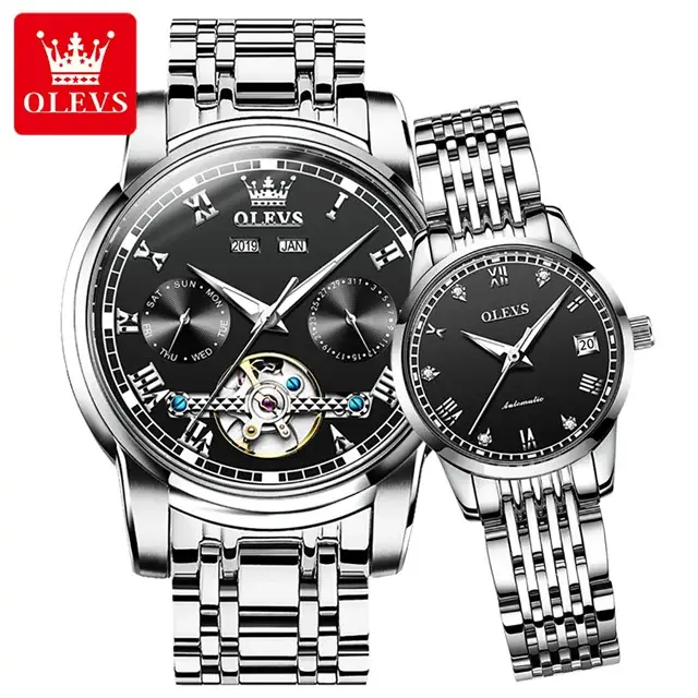 Ensemble de montres OLEVS automatiques pour couple homme et femme résistante à l'eau et à l'usure style mode et casual pour différentes occasions spéciales