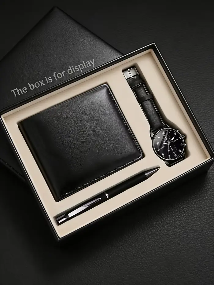Ensemble montre à quartz en cuir PU pour homme avec portefeuille et stylo de signature, kit de burea