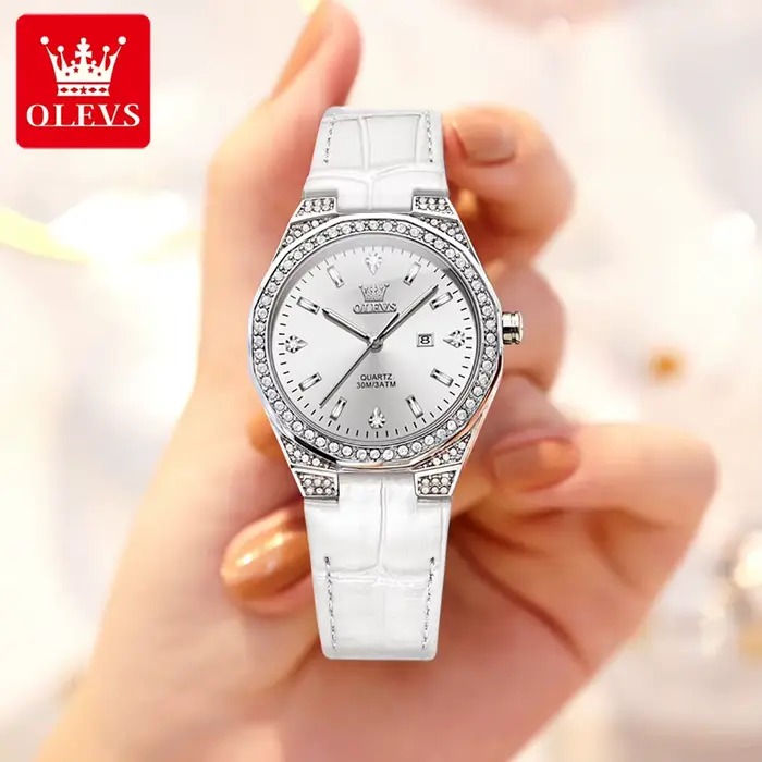 OLEVS 5606 montre pour femme lumière originale mode Quartz montre-bracelet bracelet en cuir diamant lunette étanche