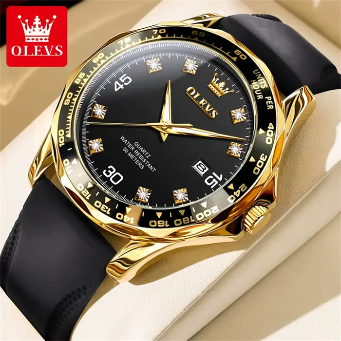 OLEVS montre à Quartz vert doré pour hommes marque de luxe plongée étanche bracelet en caoutchouc en