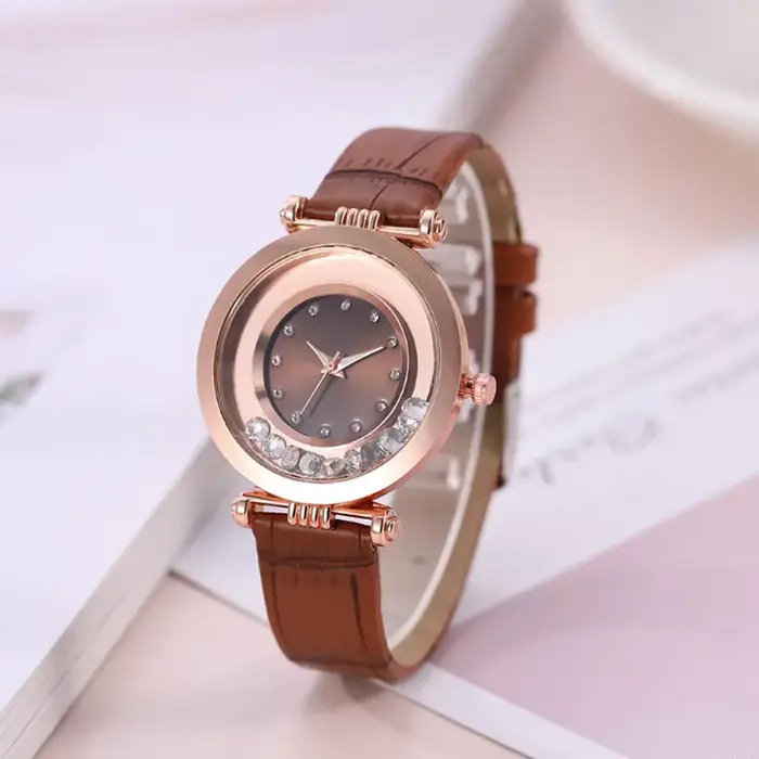 Montre à Quartz Analogique avec Ceinture en Cuir et Diamant pour Femme