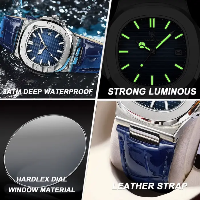 POEDAGAR haut de gamme carré homme montre Date étanche lumineux hommes montre-bracelet de haute qual