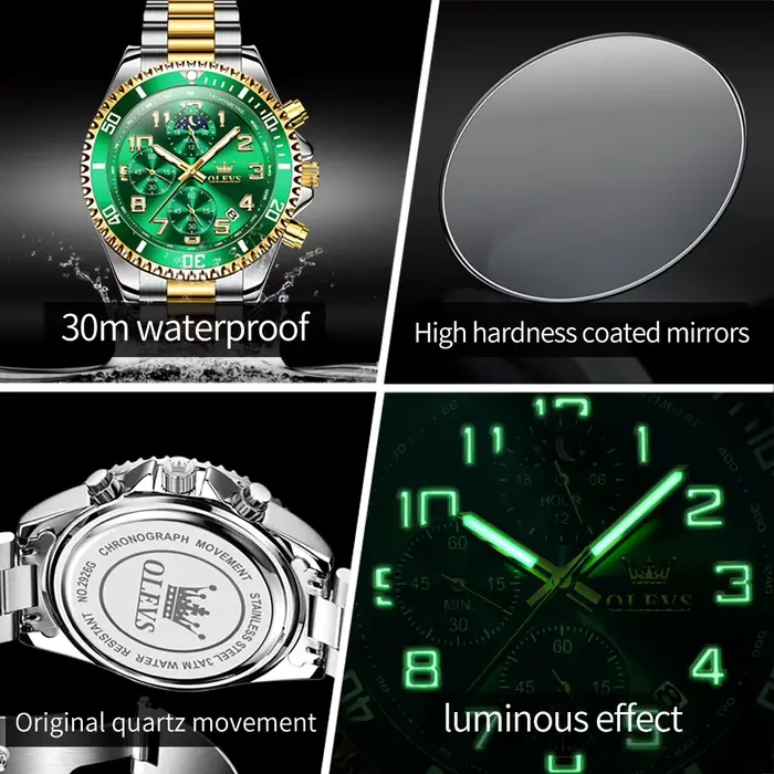 Montre homme multifonctionnelle chronographe quartz étanche phase de lune pour courses et activités aquatiques