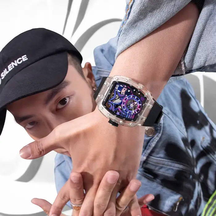 Montre Mark Fairwhale automatique pour hommes style sport résistante à l'eau avec cadran en verre de cristal et bracelet en caoutchouc pour différentes occasions