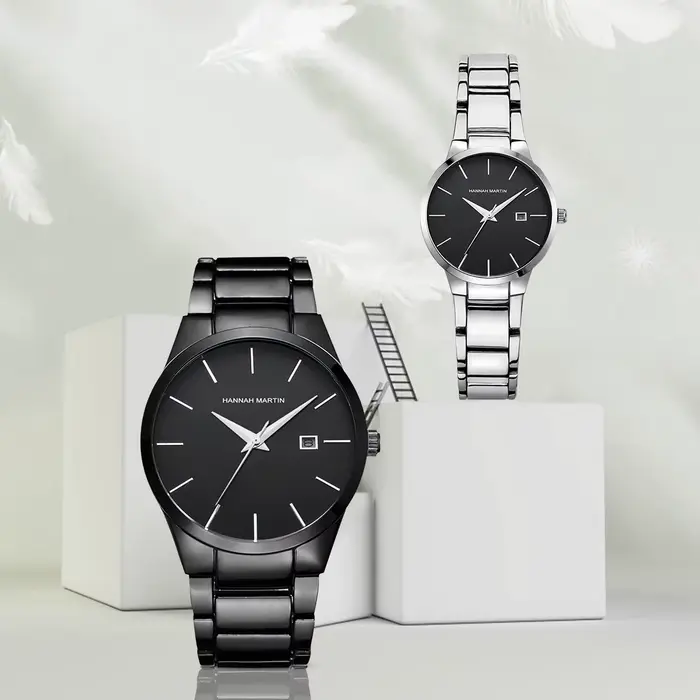 Montre à Quartz en Acier Inoxydable Noir pour Homme et Femme