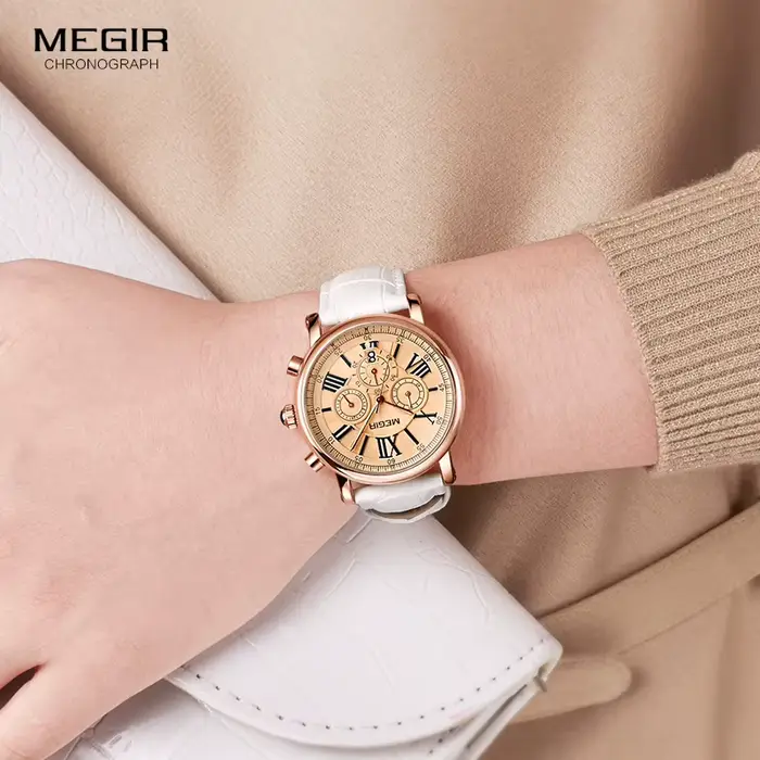 Megir montre chronographe à Quartz pour femme avec 24 heures et affichage du calendrier bracelet en cuir blanc chronomètres pour dames 2058L