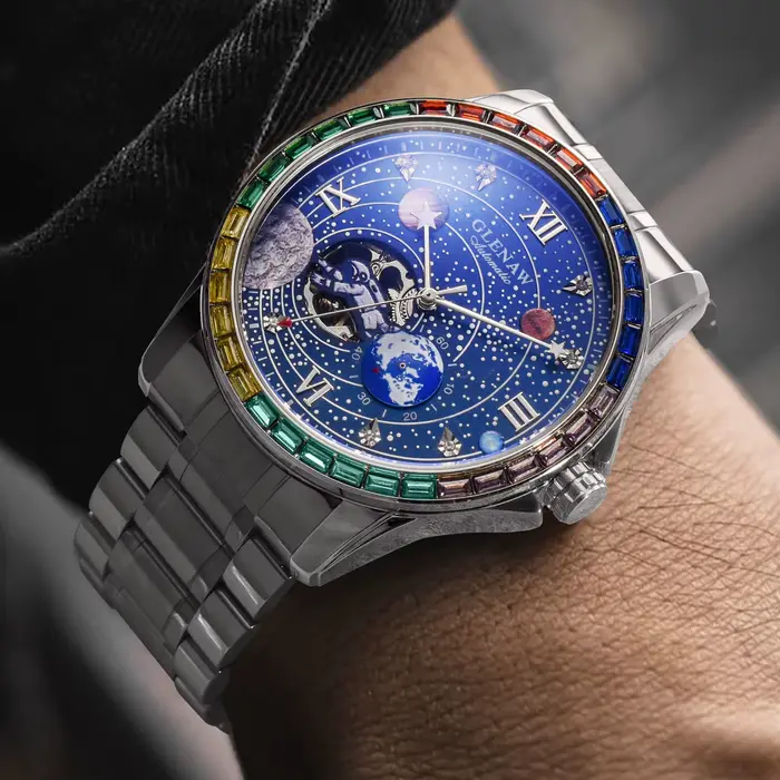 GLENAW nouvelle montre mécanique de terre rotative hommes cadran d'astronaute spatial veilleuse étanche bracelet en