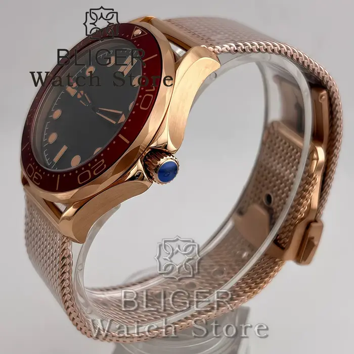 Montre de plongée mécanique BLIGER Vintage Bronze Or Rose 41mm pour homme NH35 PT5000 007 NTTD 100m avec lunette rouge bordeaux et bracelet en maille