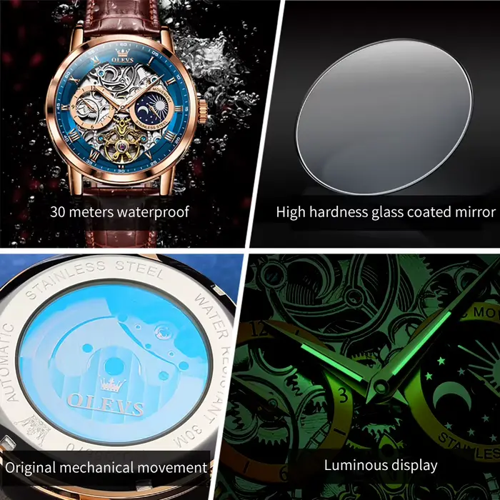 OLEVS hommes montres automatique mécanique montre Tourbillon Sport horloge en cuir décontracté affaires rétro montre-bracelet Relojes Hombre